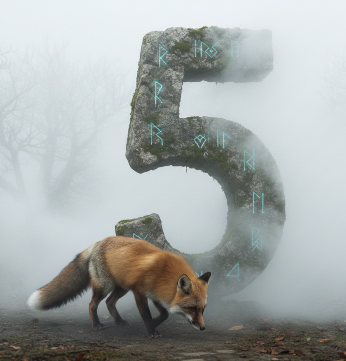 Eine Nummer 5, die im Nebel verschwindet und ein Fuchs, der sie findet